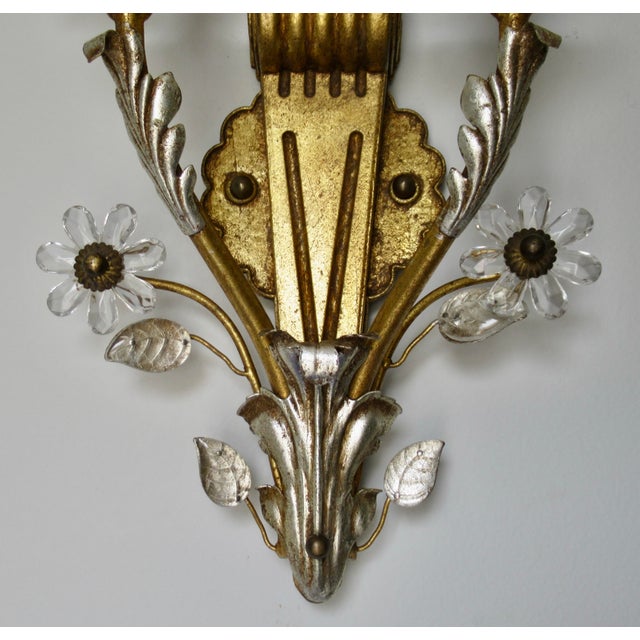 Early 20th Century Banci Gilt & Silvered Bronze Sconces, Italian With Rock Crystal Floral Motif Design -Pair For Sale - Image 14 of 18