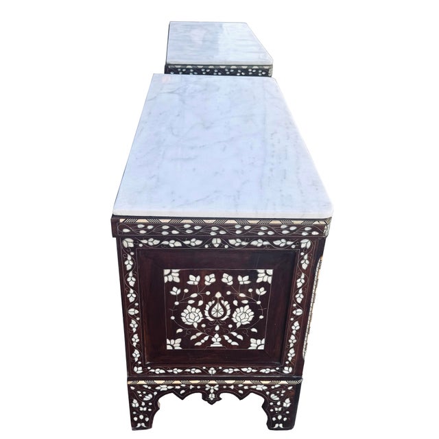 Wood Pair of Antique Syrian Mother-of-Pearl Inlay Nightstands With Marble Tops, Late 19th Century For Sale - Image 7 of 8