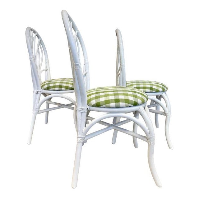 English Set of 3 White Rattan Dining Chairs With Green Gingham Cushions For Sale - Image 3 of 9