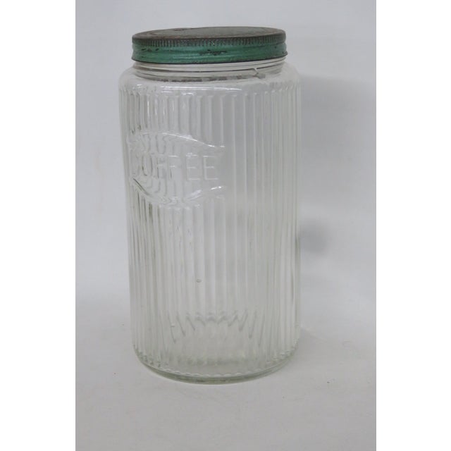 Rustic Hoosier Sellers Coffee Canister 1920s Clear Ribbed Glass Jar With Lid 4481b For Sale - Image 3 of 15