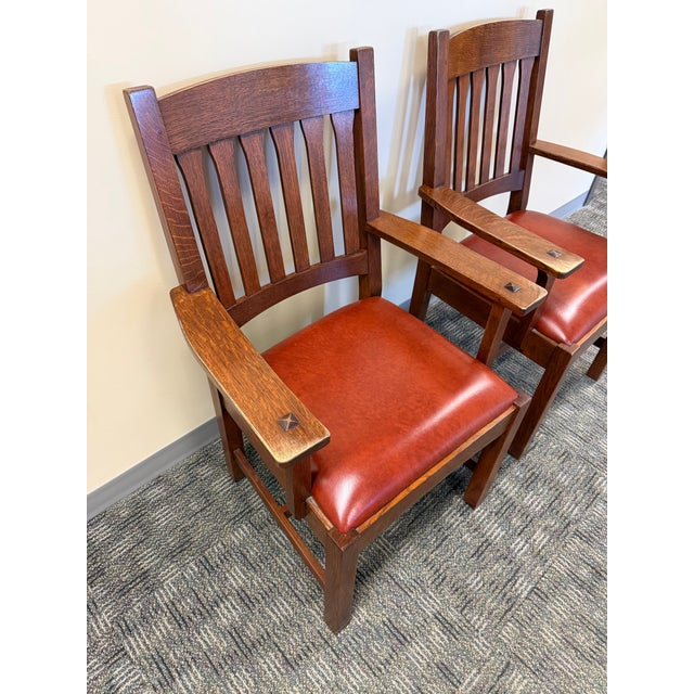 High Quality American Made Solid Oak Dining Armchair with Slatted Backrest and Red Leather Upholstered Seat Dimensions:...