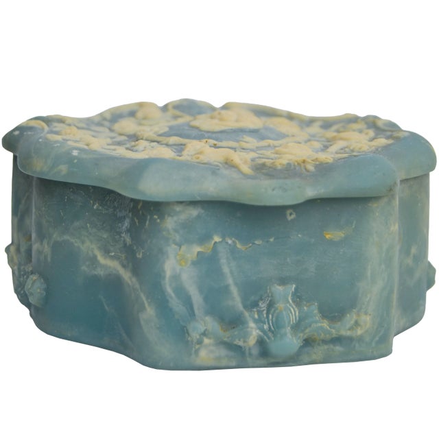 Vintage handcrafted blue scalloped incolay stone box. Exhibits an intricate angels pattern and fine details. Marked:...