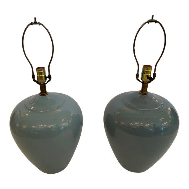Mid-Century Modern Grey Blue Pottery Table Lamps -A Pair For Sale