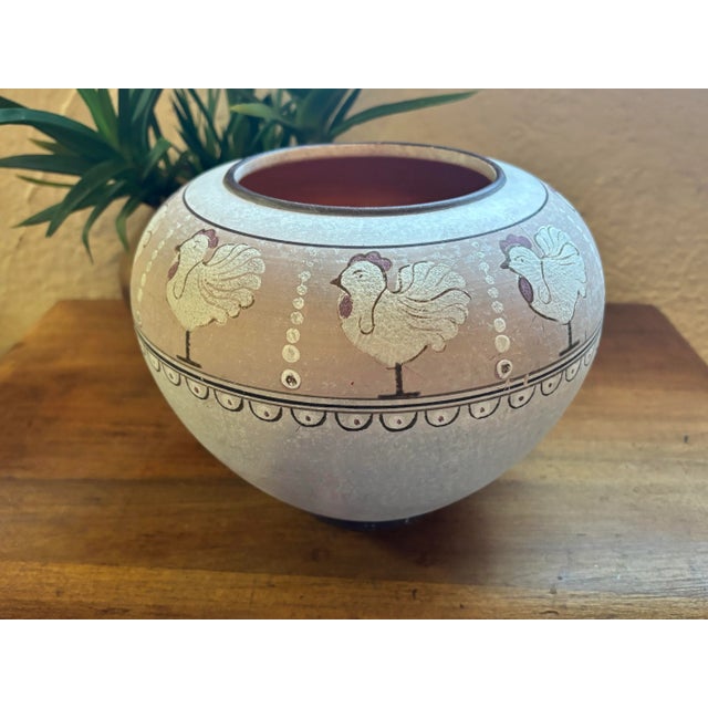 French Country Folk Art Rooster Pottery Vase, Early Pewabic Style For Sale - Image 3 of 7