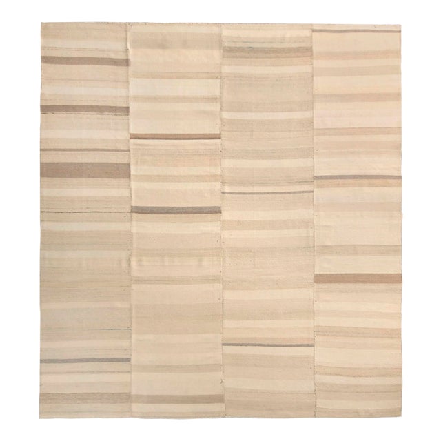 1950s Mid-Century Kilim Beige Brown Paneled Striped Vintage Flatweave For Sale