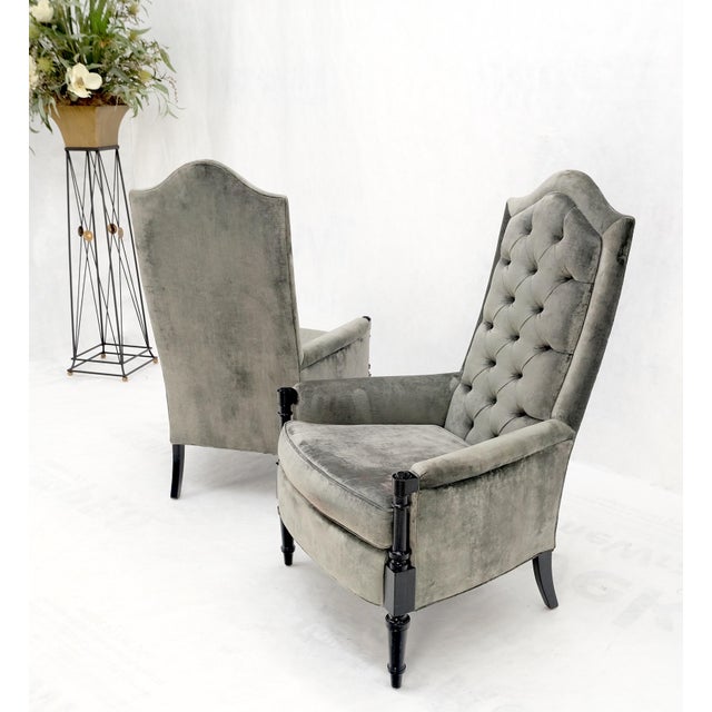 Pair of Tall Tufted Backs Black Lacquer Frames Decorative Arm Chairs Thrones For Sale - Image 10 of 16
