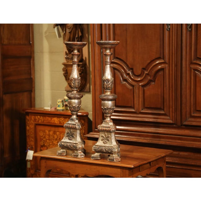 Silver Pair of 19th Century Italian Carved Silver Leaf Pricket Candlesticks For Sale - Image 8 of 11