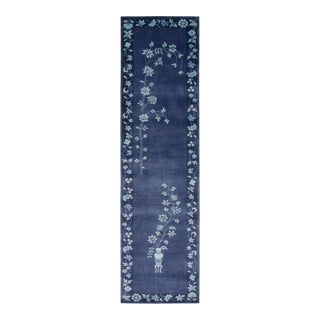 Contemporary Chinese Deco Style Blue Floral & Pictorial Wool Runner by Rug & Kilim For Sale
