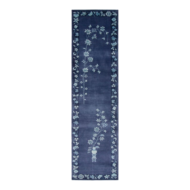 Contemporary Chinese Deco Style Blue Floral & Pictorial Wool Runner by Rug & Kilim For Sale