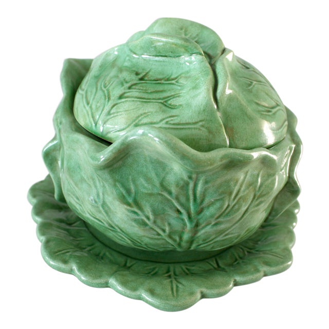 Vintage Majolica Style Cabbage Tureen Covered Bowl with Saucer Set