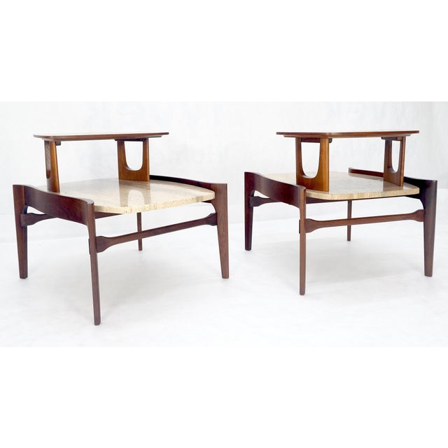 Pair of Bertha Schaefer Walnut Travertine Top Step Side End Tables Stands MINT! For Sale - Image 6 of 12