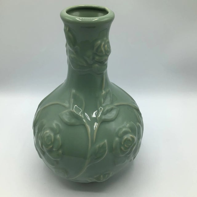1950s Celadon Style Climbing Rose Pattern Porcelain Vase For Sale - Image 5 of 13