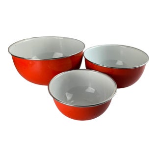 Vintage 1960s Orange Enamel Mixing Bowls Set 3 • Mid Century Enamelware For Sale