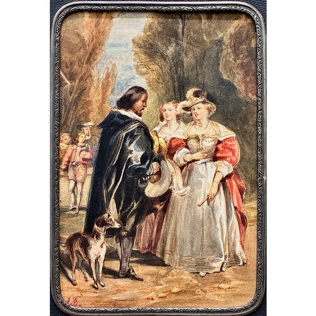 This elegant leather document holder, ornamented with a romantic inset watercolor, contains a formal presentation address...