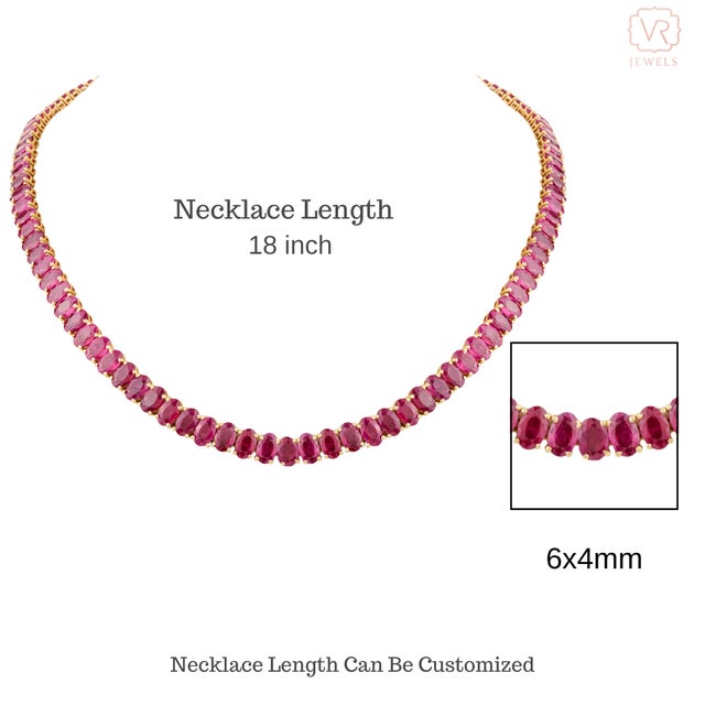 Gold 56.53 Ct Oval Cut Ruby Tennis Necklace in 18k Yellow Gold For Sale - Image 8 of 12