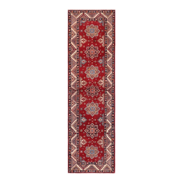 Rustic Kazak Red/Beige Wool Runner Rug- 2'7''x9'6'' For Sale