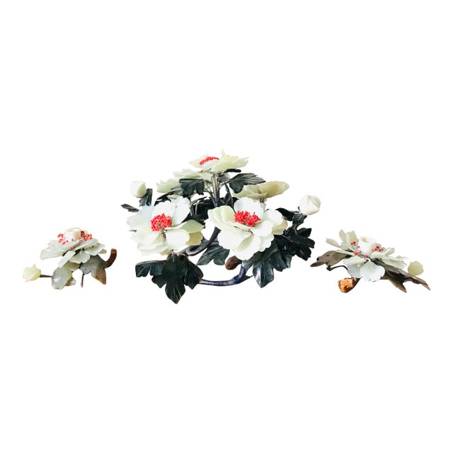 Rare Carved Green Jade Peony Flower Statement Centerpiece and Two Matching Candle Holders For Sale