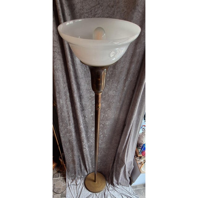 Art Deco German Floor Lamp with Brass Base and White Glass Shade, 1920s For Sale - Image 6 of 11