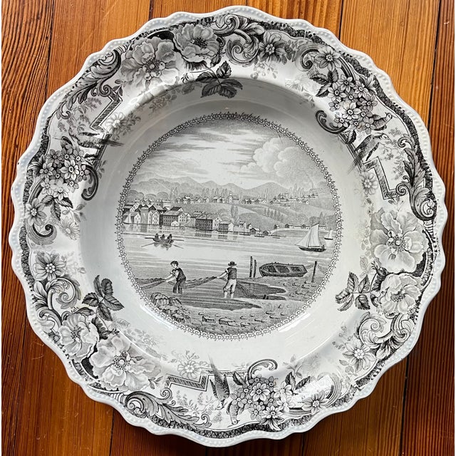Antique 19th century English Staffordshire Clews historical brown transferware soup bowl - Picturesque Views Hudson, New...