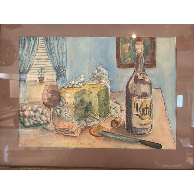 Charming original watercolor by Howard Nicholas, dated 1971, depicting an intimate wine-and-cheese still life beautifully...