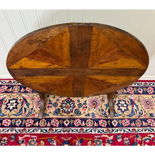 Antique French Vendage Round Flip Top Gateleg Wine Table Oak Trestle Feet c.19th For Sale - Image 11 of 18