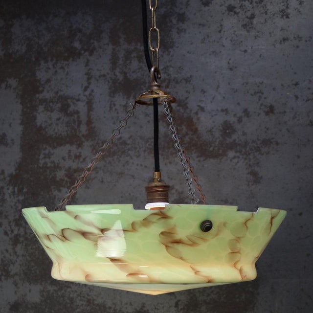 1920 French Art Deco, green glass pendant lamp with marble effect. E27 / E26 Up to 250V (Europe/UK Standard).The wiring of...