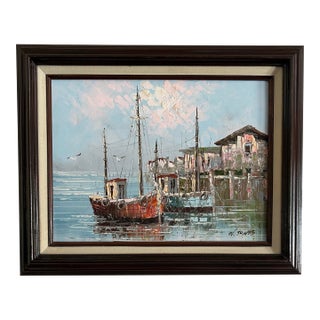 Vintage Impressionist Oil Painting of Fishing Boats at Dock Signed W Jones For Sale