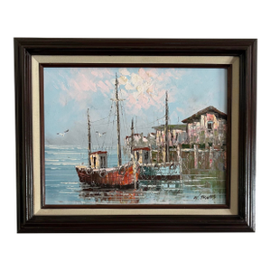 Vintage Impressionist Oil Painting of Fishing Boats at Dock Signed W Jones