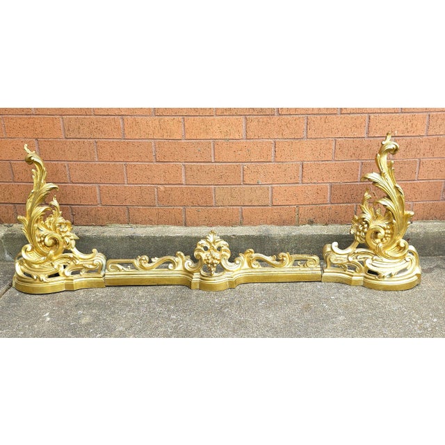 French Louis XV Style Gilt Brass 3-Part Fire Fender, Tool Stand With Three Tools Set For Sale - Image 3 of 11