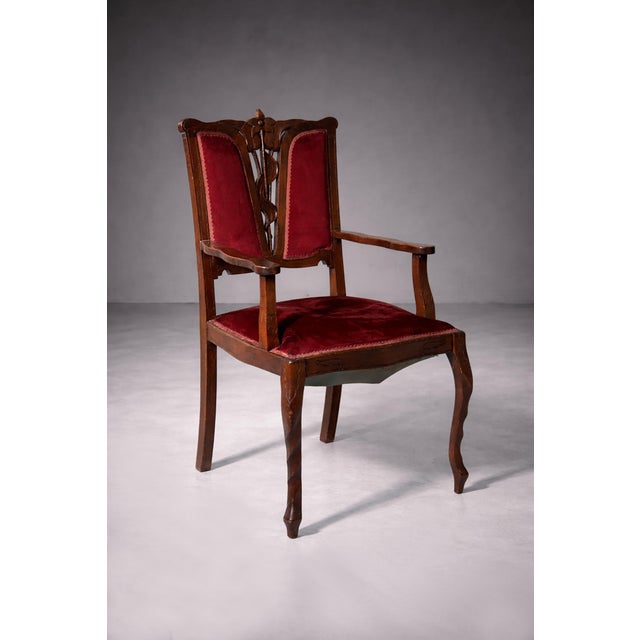 Wood Art Nouveau Italian Red Armchairs in the style of Georges De Feure, 1905, Set of 2 For Sale - Image 7 of 11