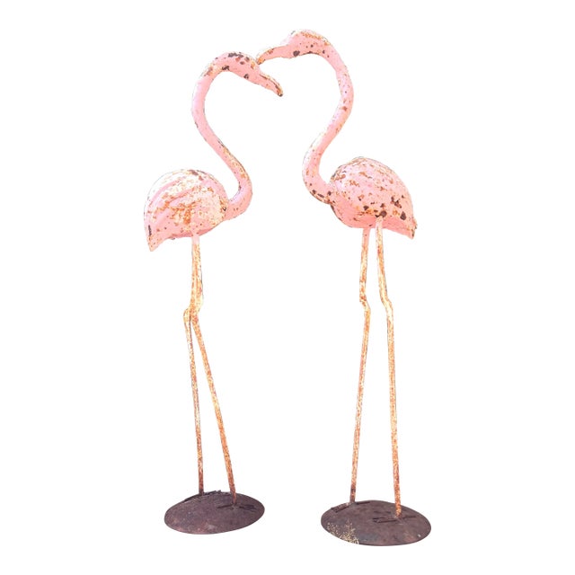 French Zinc Painted Pair of Flamingo Ornaments For Sale