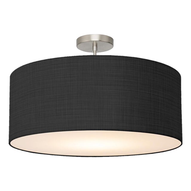 Stretch Semi Flush Mount, Black Linen Shade, Satin Nickel For Sale