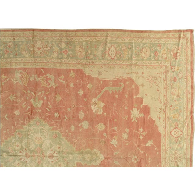 Textile Antique Oushak Carpet, Oriental Rug, Handmade Ivory, Muted Coral, Soft Green For Sale - Image 7 of 13