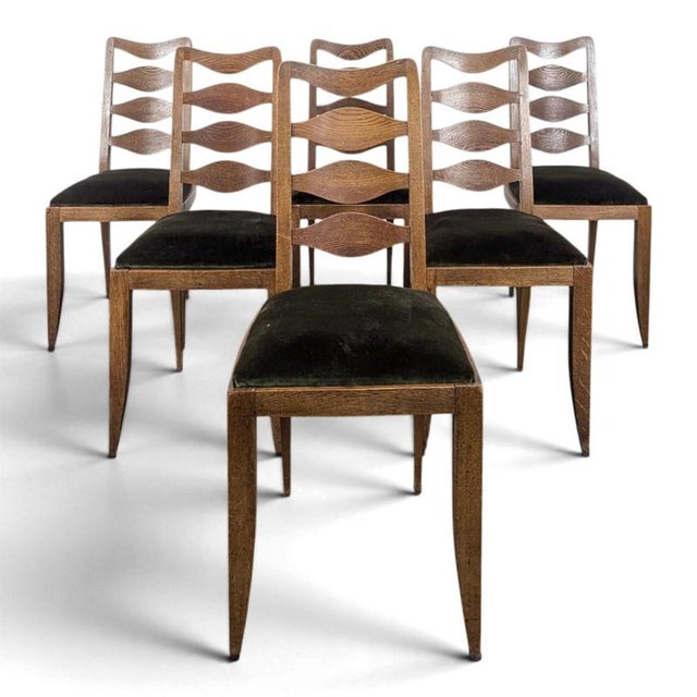 Oak Chairs with Diamond-Patterned Backs and Green Velvet Upholstery, 1940s, Set of 6 For Sale - Image 8 of 8