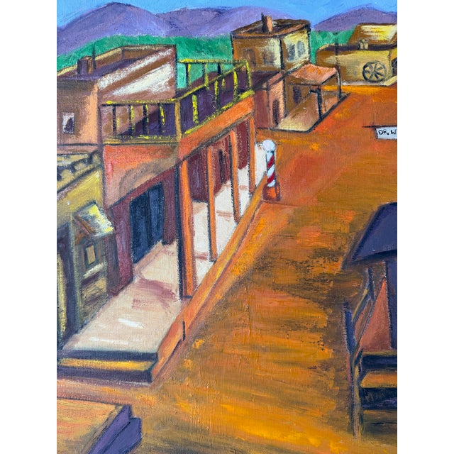 1970s Vintage Southwestern Townscape Oil on Canvas Painting, Framed For Sale - Image 9 of 12