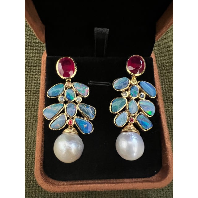 Ruby Red Bochic "Orient" Vintage Ruby, Opal & Sapphires Earrings Set 18K Gold & Silver For Sale - Image 8 of 18