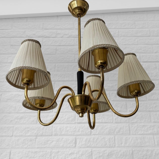 Mid-Century Scandinavian Chandelier with Five Arms in Brass & Textile, Sweden, 1940s For Sale - Image 4 of 9