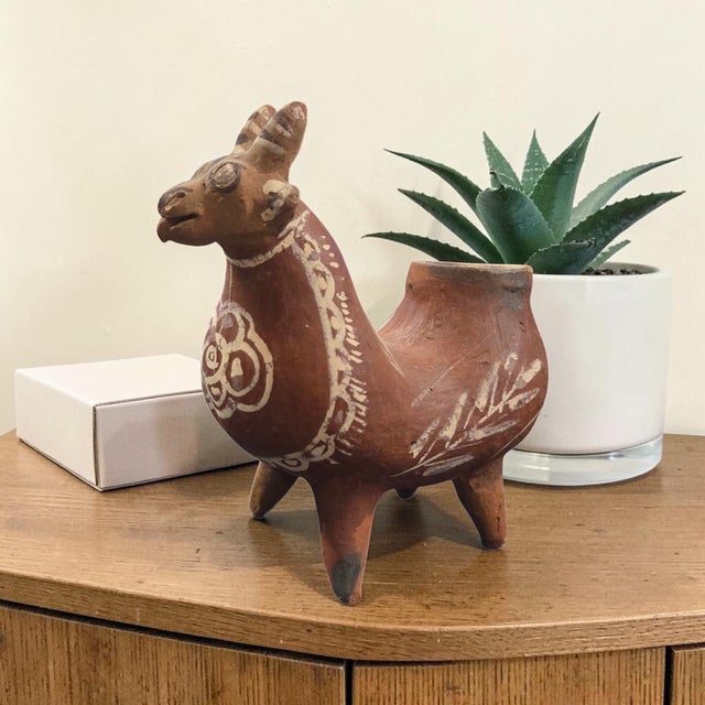 Rustic Peruvian Folk Art Llama Pottery Vessel Hand Painted Clay Sculpture 7.5" For Sale - Image 3 of 13