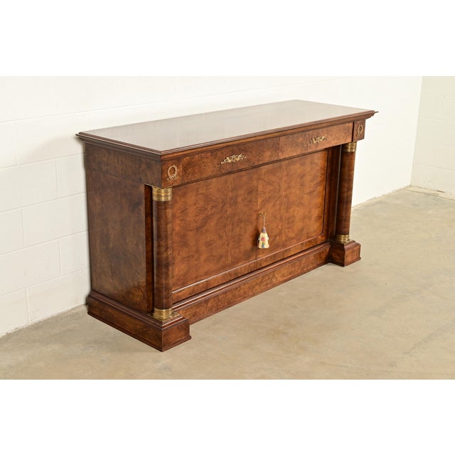 Baker Furniture Company Baker Furniture Style French Empire Burl Wood Sideboard or Bar Cabinet With Mounted Ormolu For Sale - Image 4 of 15