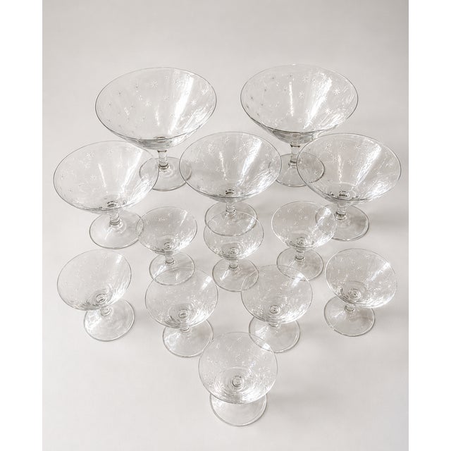 Mid 20th Century Richard Brendon's Hand-Engraved Crystal Champagne Coupes - Set of 13 For Sale - Image 16 of 17