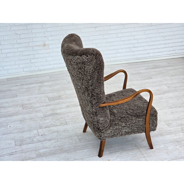Wood Set of Danish Armchair with Ottoman in Genuine Sheepskin For Sale - Image 7 of 18