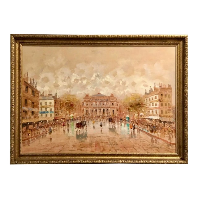 Mid-Century Moden Italian “La Scala” Custom Framed Oil Painting on Canvas For Sale