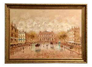 Mid-Century Moden Italian “La Scala” Custom Framed Oil Painting on Canvas
