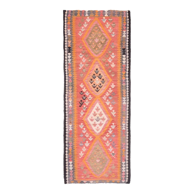 1970s Vintage Turkish Handmade Wool Cotton Orange Runner Rug For Sale