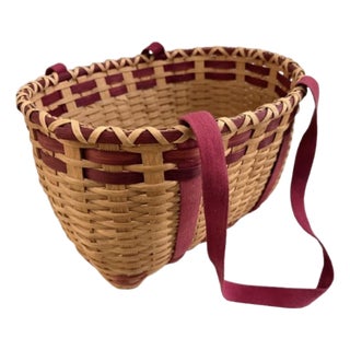 Vintage American Handwoven Splint Basket With Burgundy Accent. For Sale