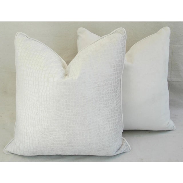 24" Boho Chic White Crocodile Velvet Feather/Down Pillows - Pair For Sale - Image 9 of 11