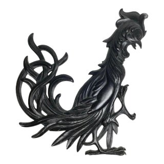 Vintage Syroco Hollywood Regency Black Fighting Rooster or Crazy Chicken Rooster Art Wall Hanging For Sale