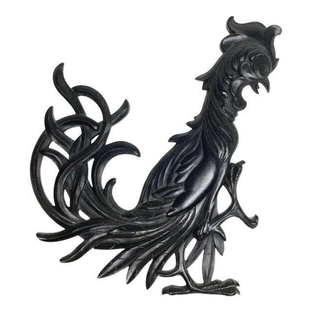 Vintage Syroco Hollywood Regency Black Fighting Rooster or Crazy Chicken Rooster Art Wall Hanging For Sale