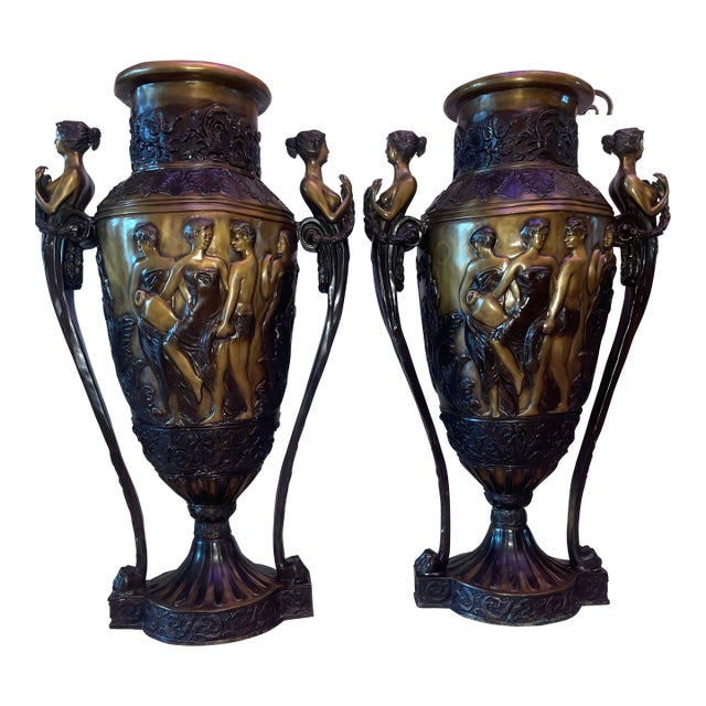 Huge Pair of French 19th Century Neoclassical Urns Solid Bronze For Sale