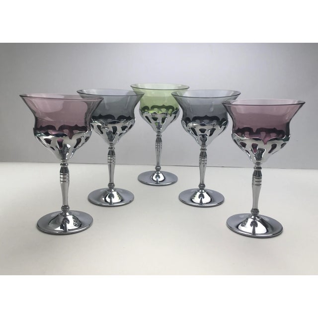 Vintage Multicolored Chrome Scrollwork Wine Glasses- Set of 5 For Sale - Image 9 of 13